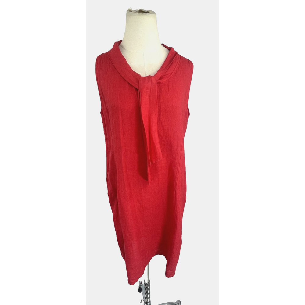 Stella Martini 100% Linen Red Dress Medium Sleeveless Tie Neck Italy Pockets New